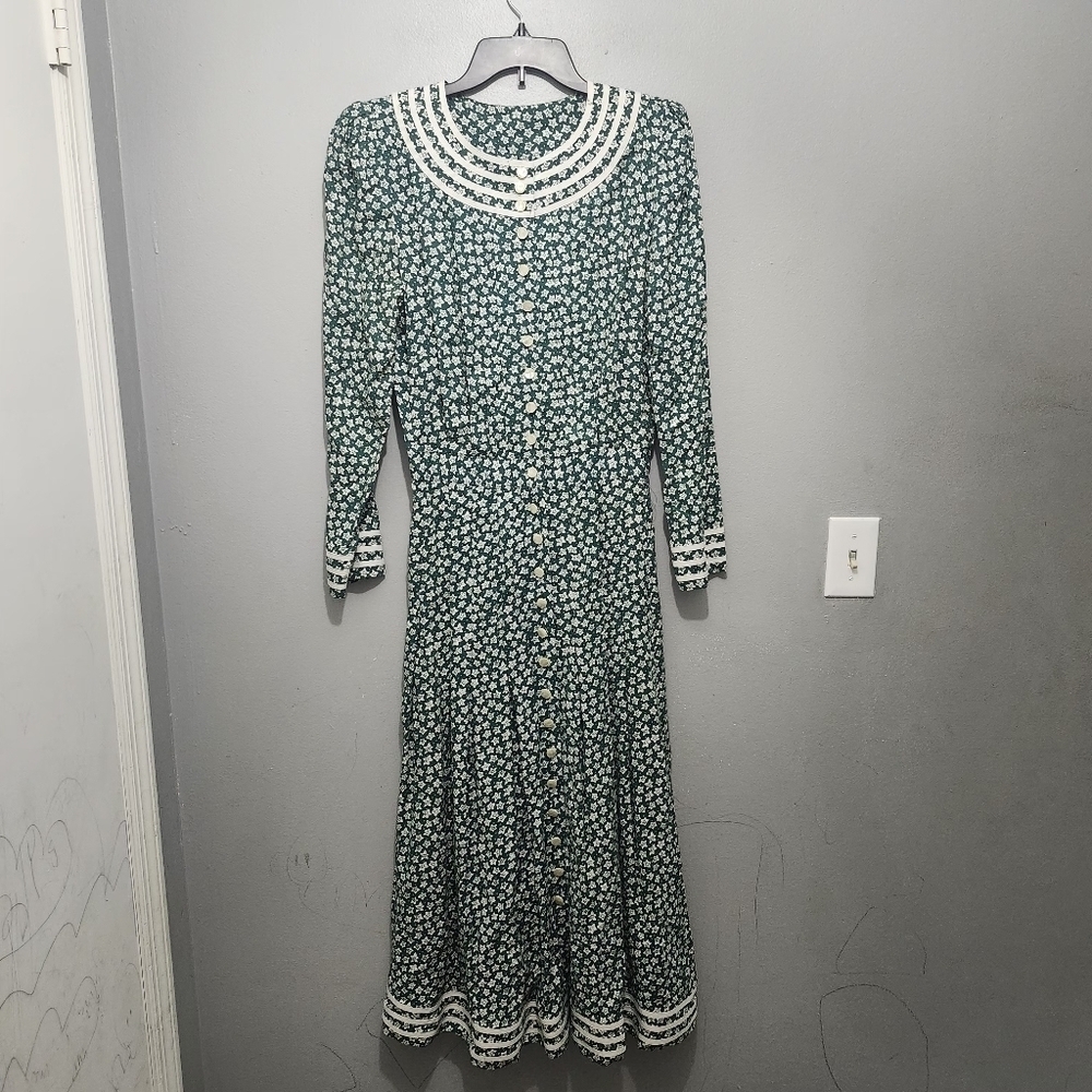 Kathie Lee Vintage Long Sleeve Button Down Floral Midi Dress Size 8 Green